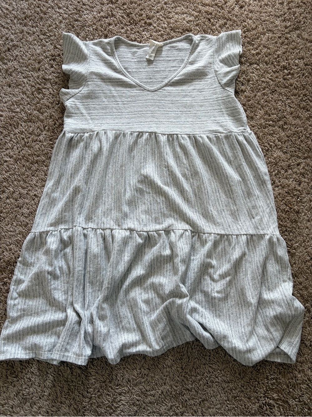 Caution To The Wind Women’s Light Gray Striped Tiered V-Neck Dress